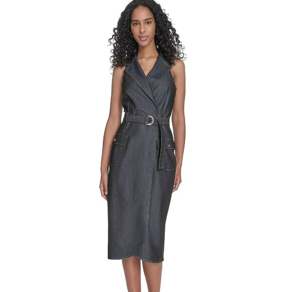 Calvin Klein Women's Belted Denim Faux-Wrap Dress - Sz 14 - Picture 1 of 6